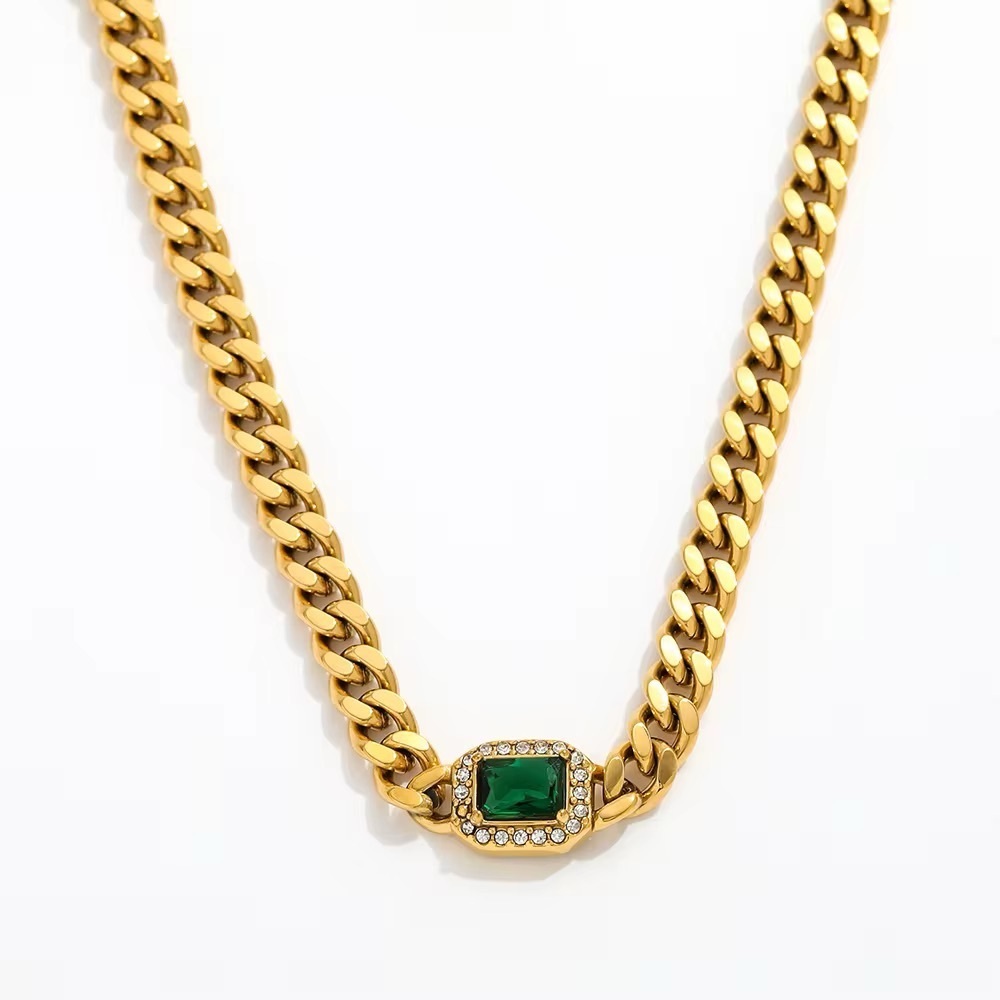 Golden Chain Necklace with Green Gem Accent
